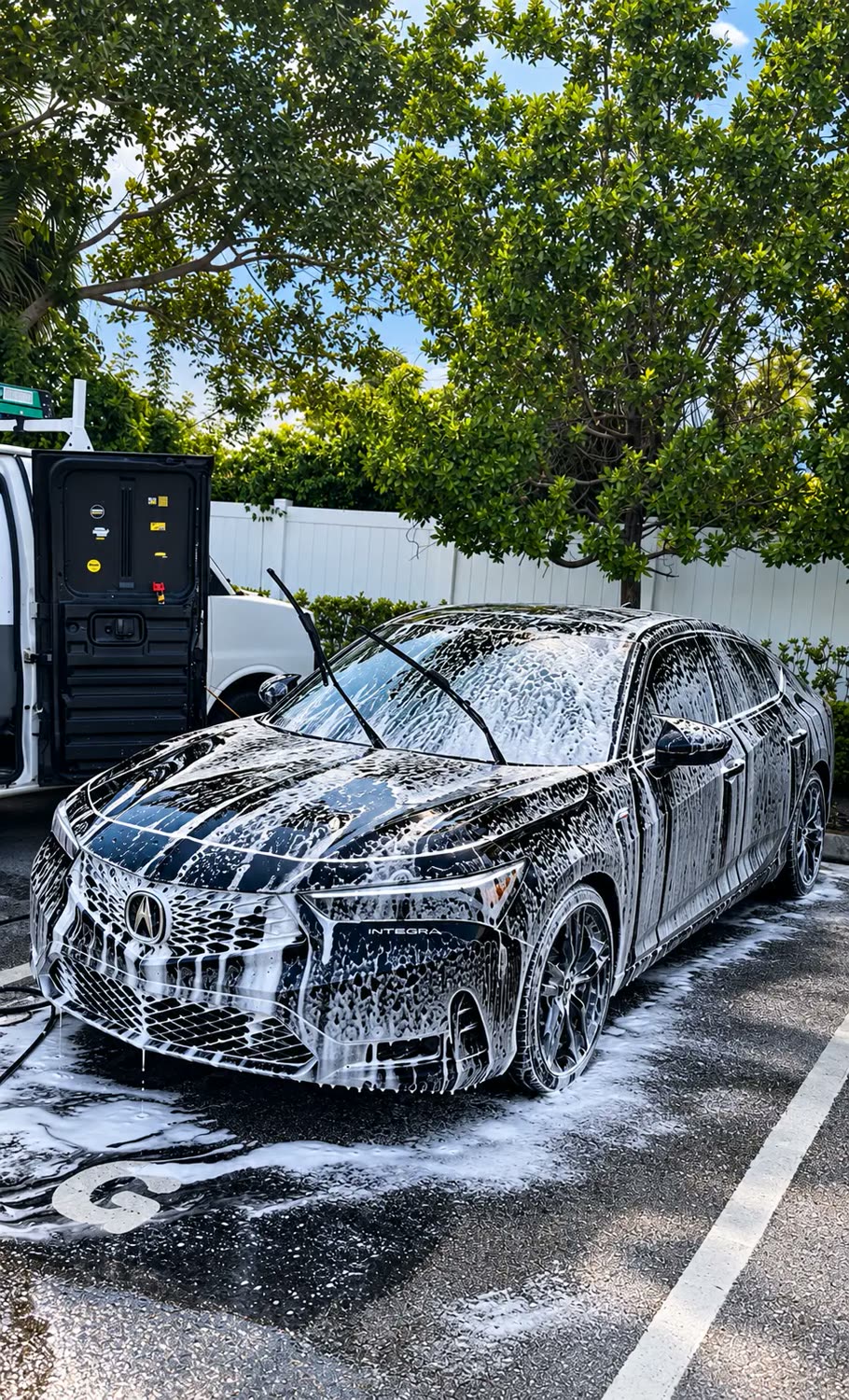 Black Acura Integra covered in snow foam during a wash