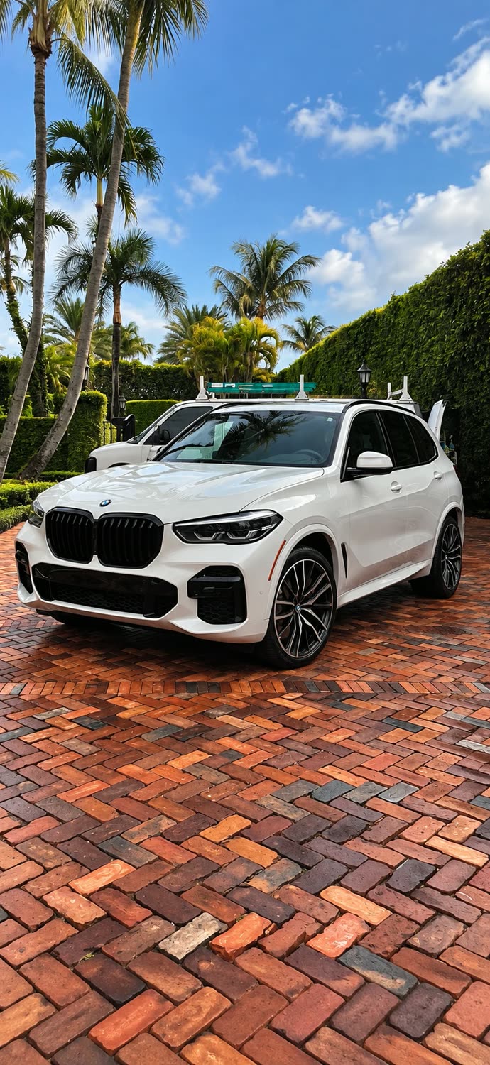 White BMW X5 shining on a brick driveway