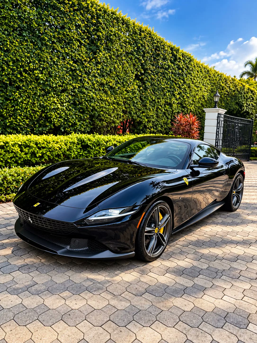 Black Ferrari with a mirror-gloss finish after paint correction and ceramic coating