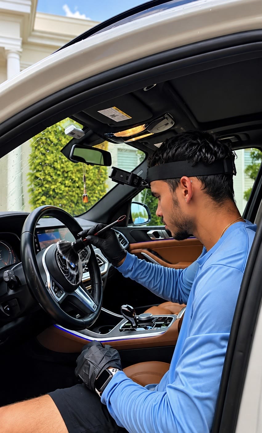 MDGA detailer brushing the dashboard and steering wheel of a luxury SUV